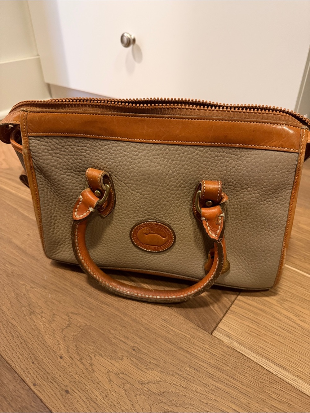 Vintage Dooney & Bourke Pebbled Leather Satchel in Taupe and Saddle Brown